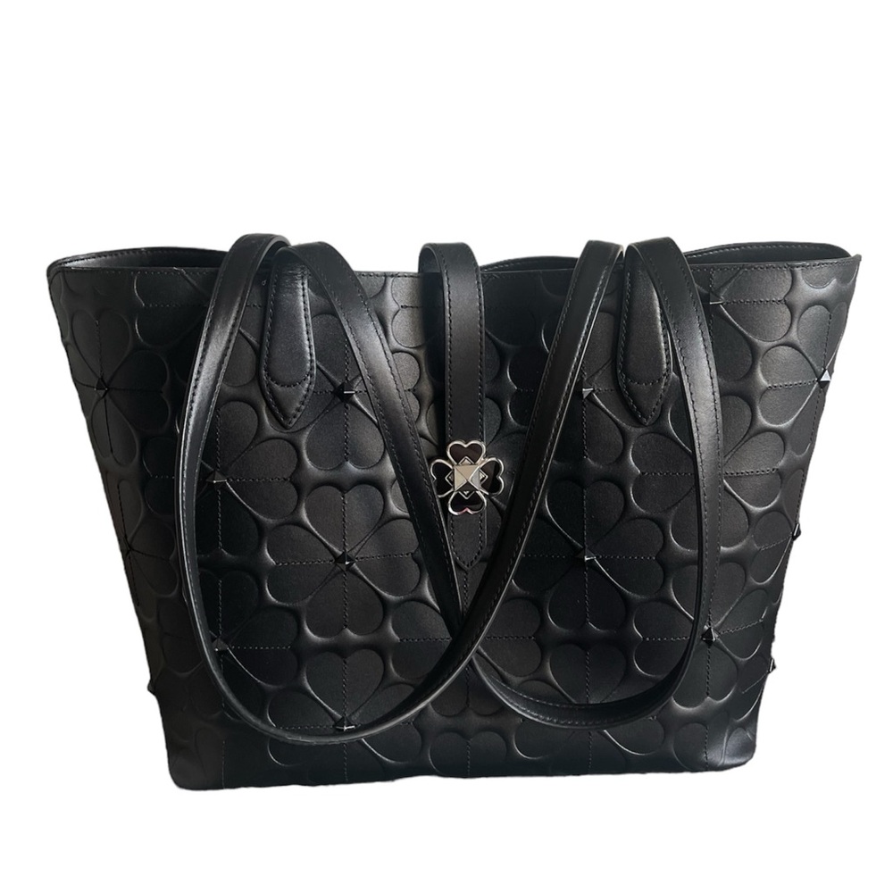 KATE SPADE NY KACI SPADE FLOWER EMBOSSED SMALL BLACK TOTE BAG, 9"h x 13"w x 5"d